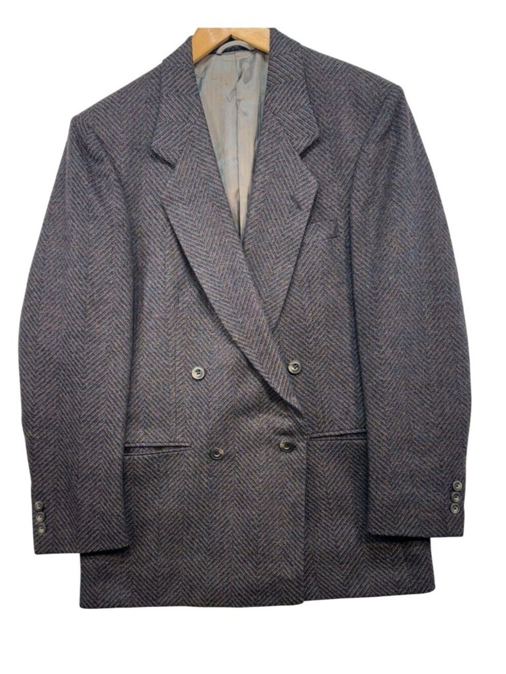 Henry Grethel Mens Double-Breasted Herringbone Blazer Pure Virgin Wool Brown